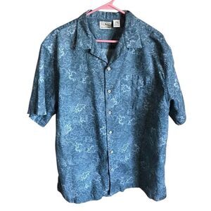 Lands End Hawaiian camp Shirt Mens Size Large blue Tropical 100% cotton